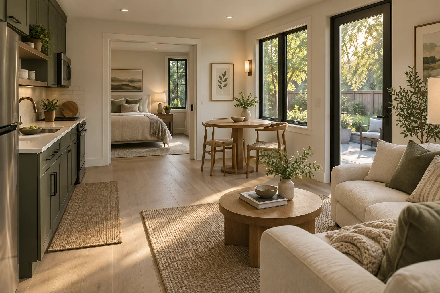 Concept visualization of a warm in-law suite with oak flooring, a compact olive kitchen and a bright living area